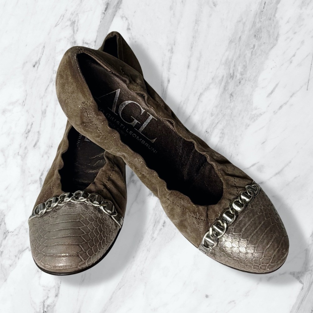 AGL Attilio Giusti Leombruni Cap Toe Chain Ballet Flats Brown Suede 37.5